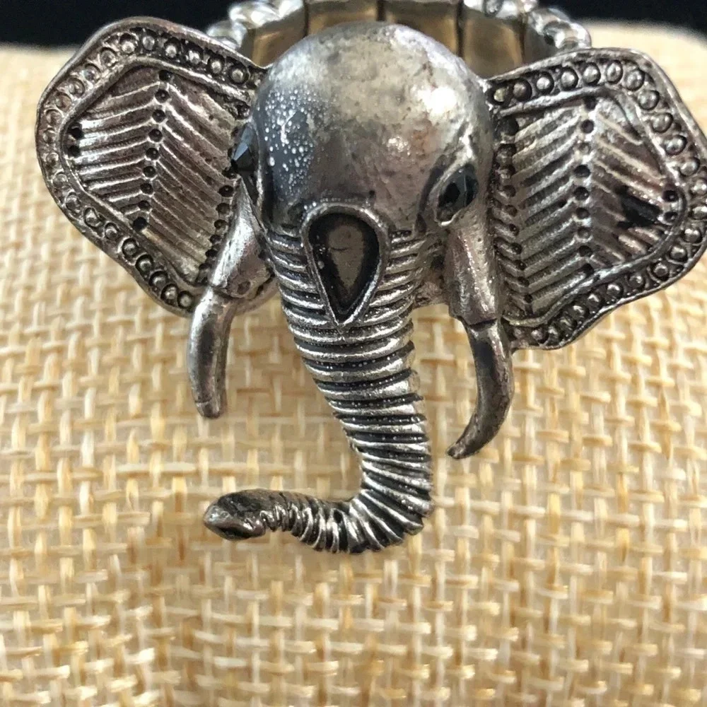 Silver Tone Boho Elephant Stretch Ring Trunk Up‎
